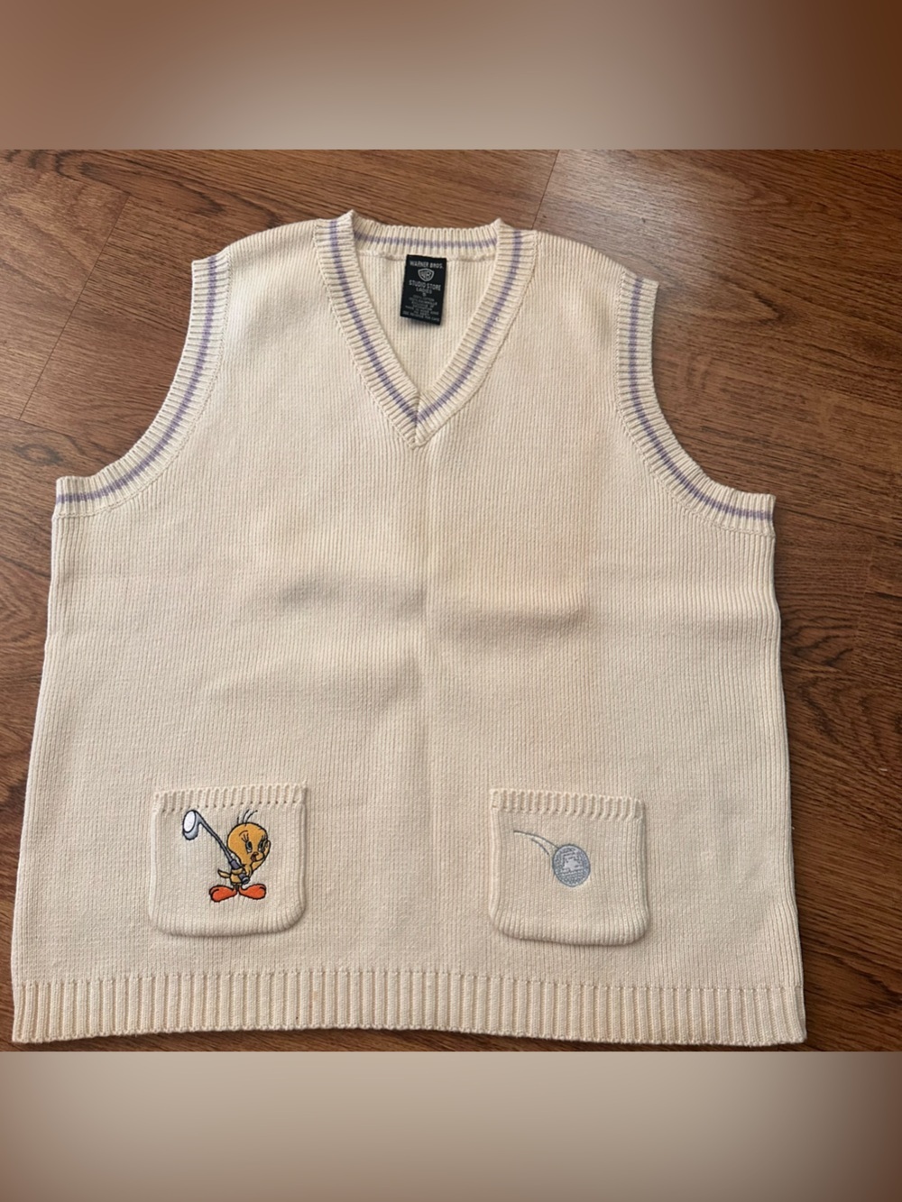 Vintage looney tunes Warner Bros. Cream Knit Vest Tweety Golf Embroidery small